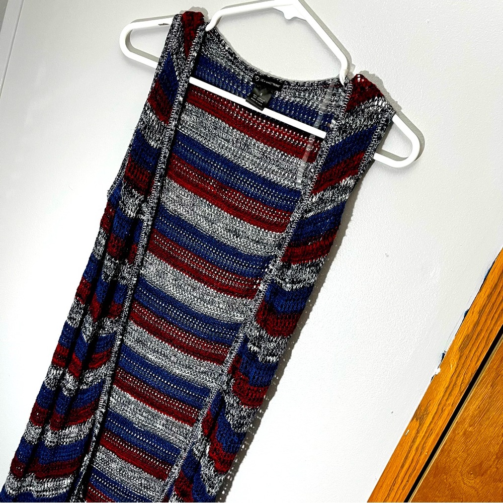 Red, grey, and blue knit cardigan